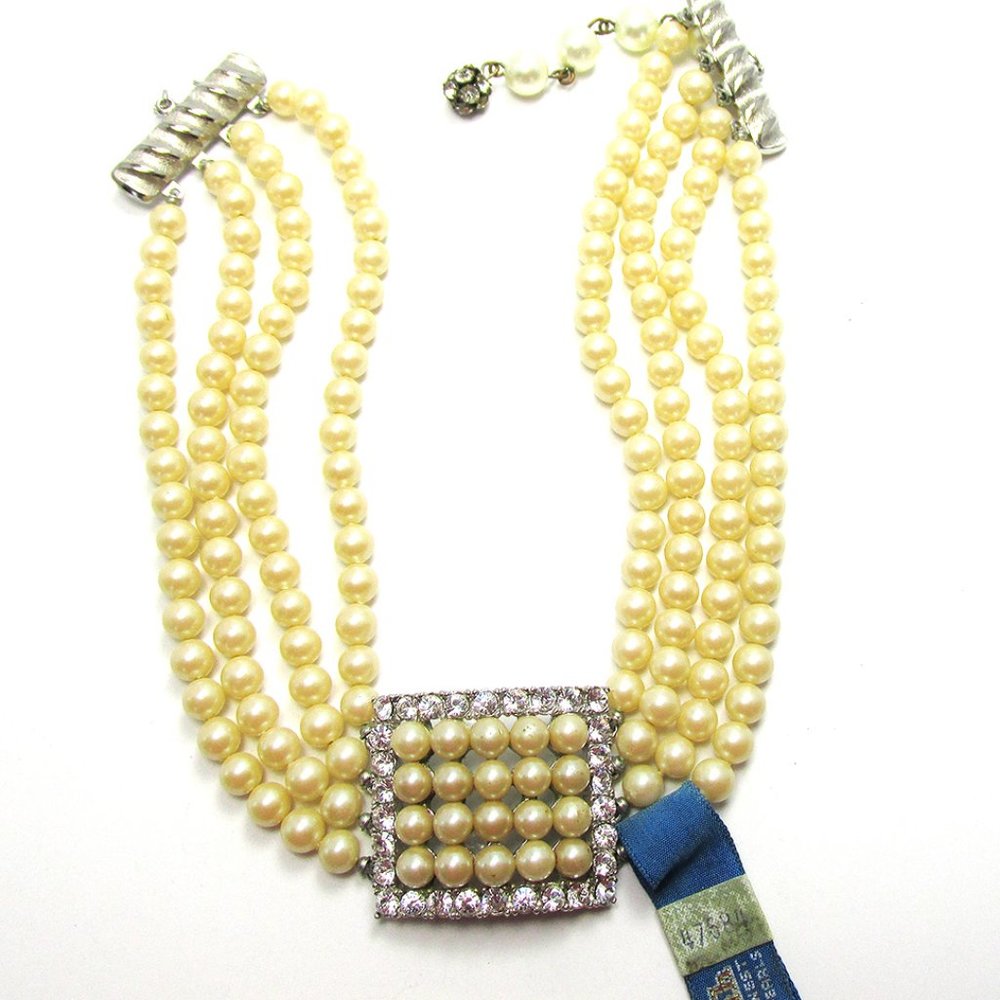 Deltah Vintage 1940s Rhinestone and Pearl Dog Collar Necklace